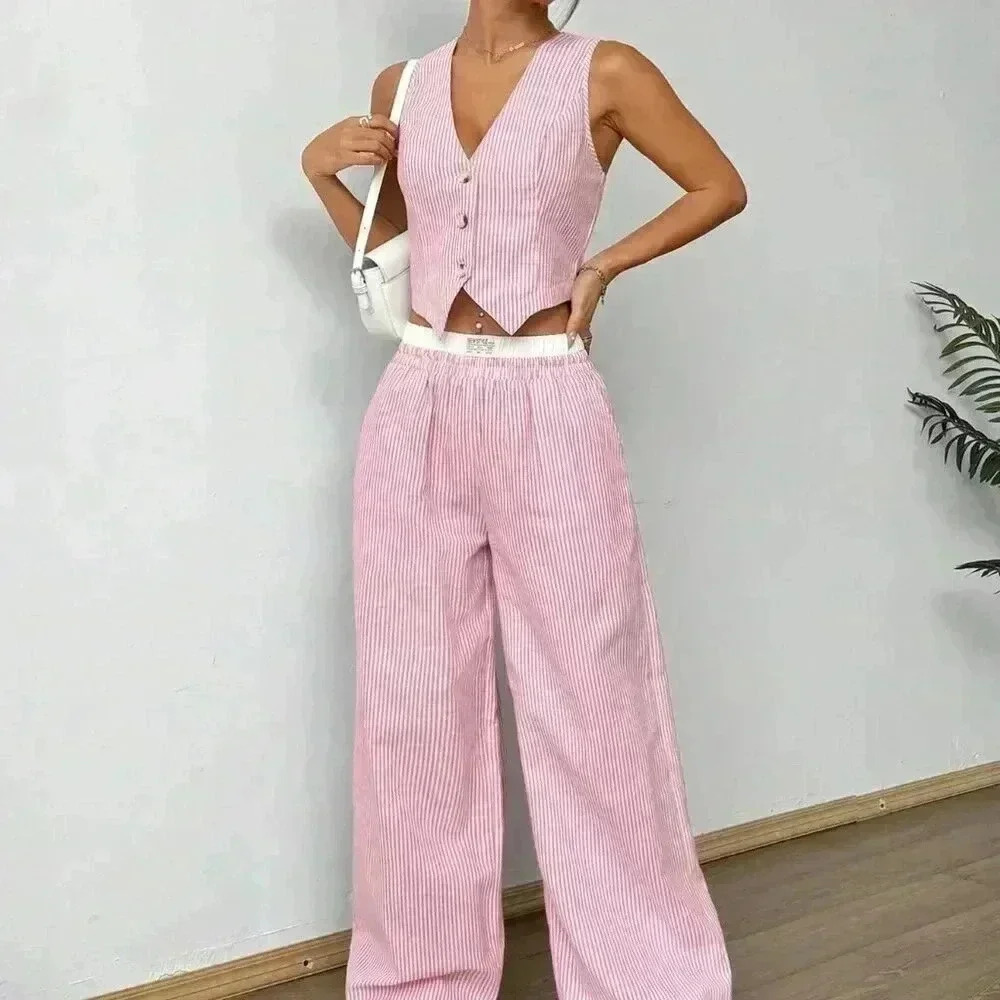 Multicolor Casual Women's Striped Sleeveless V-Neck Top And Pocket Pants Set